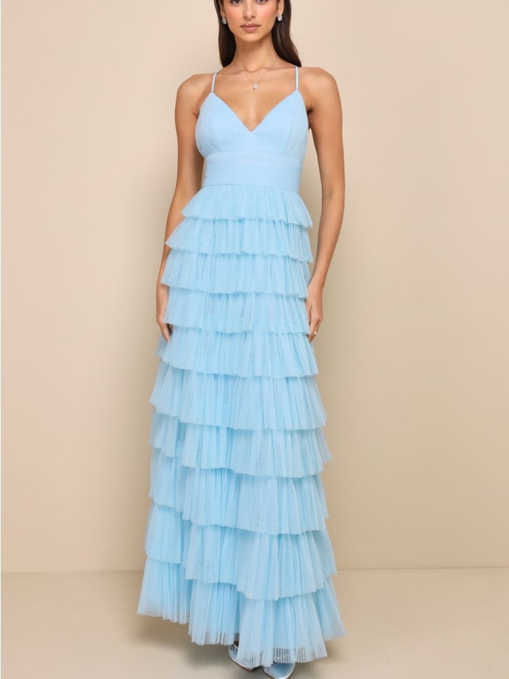NWT Lulus Radiant Event Light Blue Mesh Tiered Pleated Backless Maxi Dress